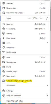 Reload in IE Mode menu