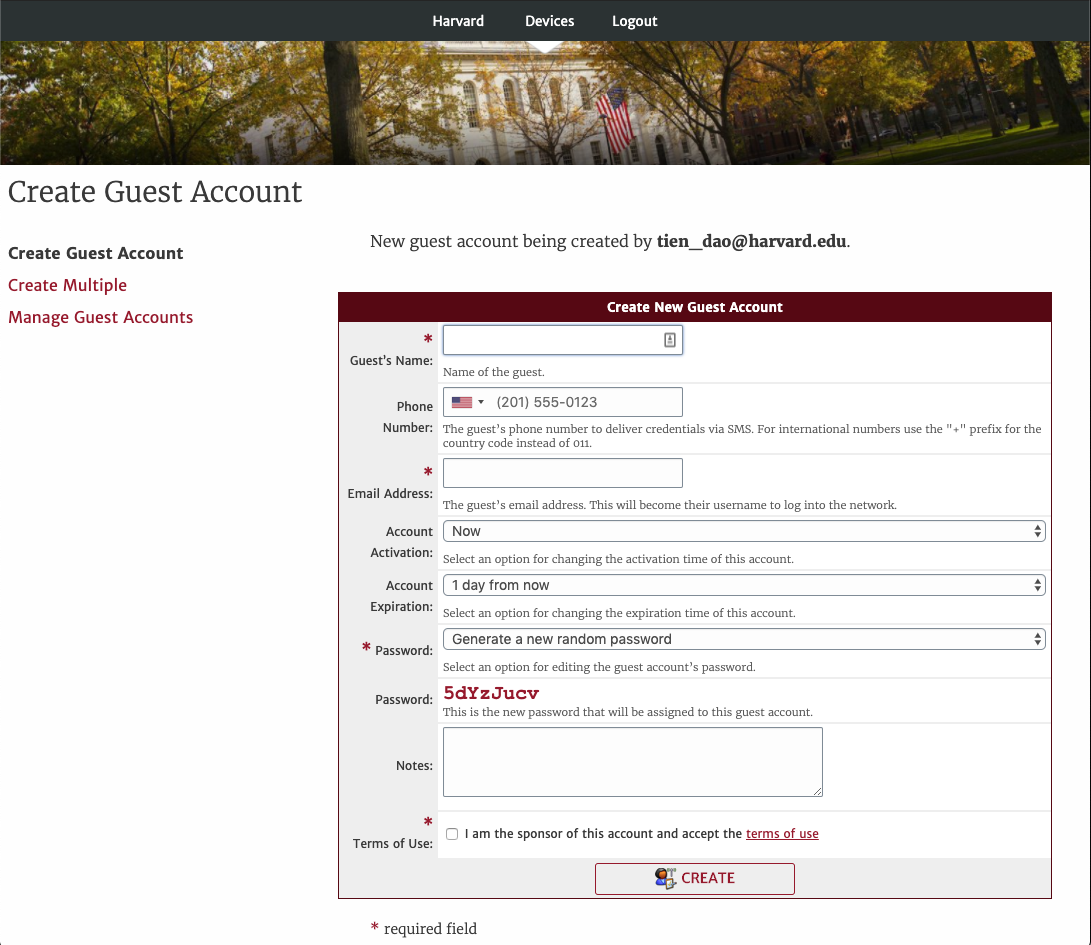 Create guest credentials for Harvard University Wireless IT Help